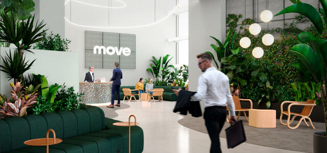 Havainnekuva vehreästä ja modernista aulatilasta Move-toimitilakiinteistössä.